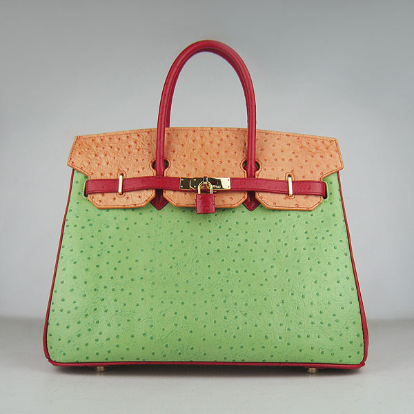 High Quality Fake Hermes Birkin 35CM Ostrich Veins Handbag Red/Orange/Green 6089